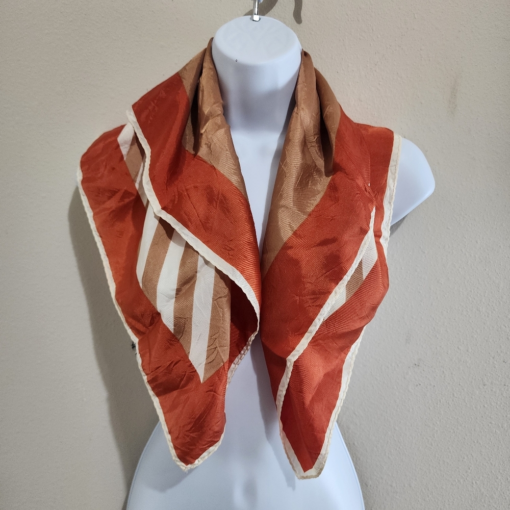 VTG Elegant Square Scarf Geometric Pattern Orange, Brown, white